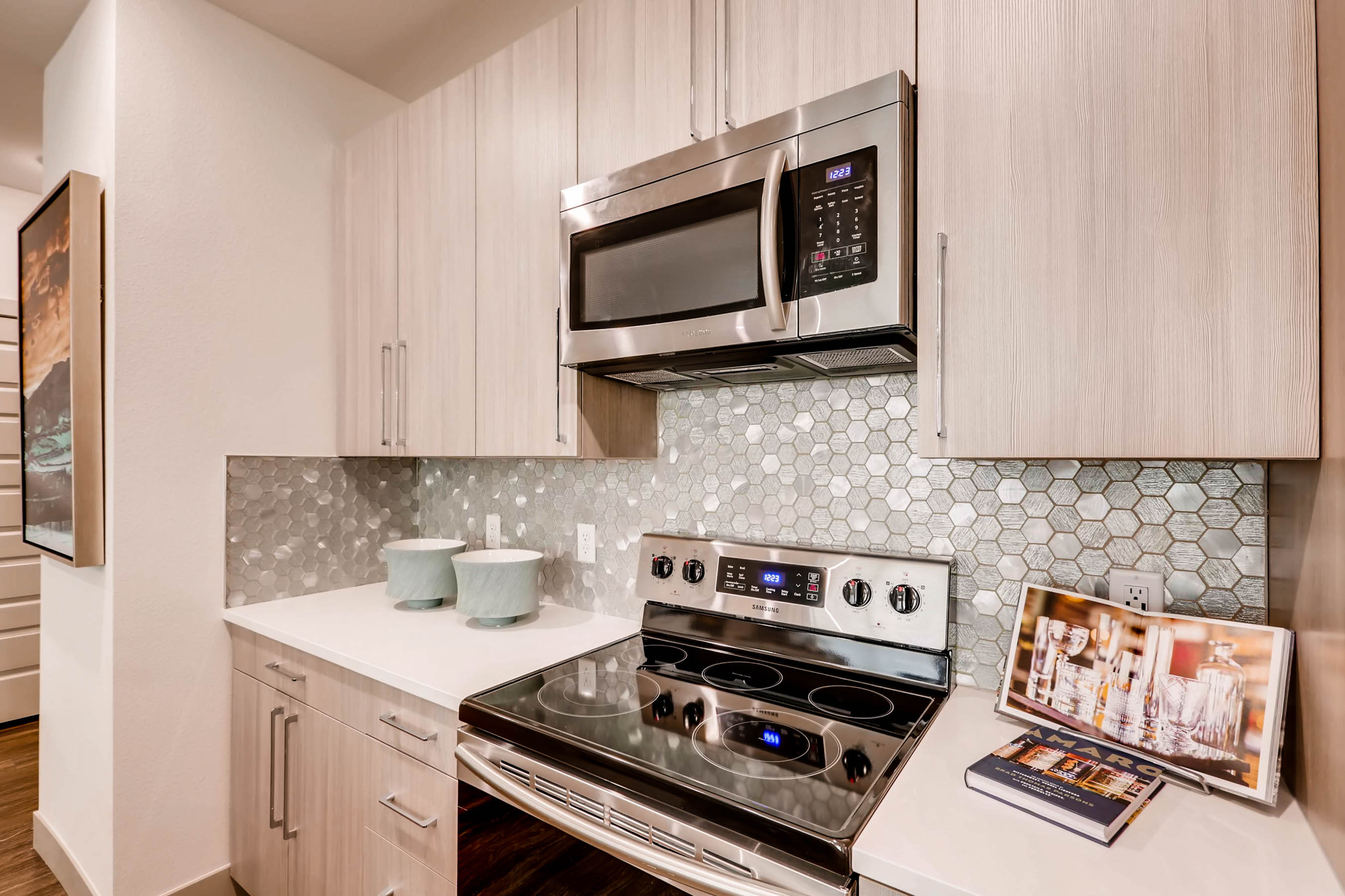 One Bedroom Kitchen Backsplash and Cabinetry, Station A Apartments, Denver CO