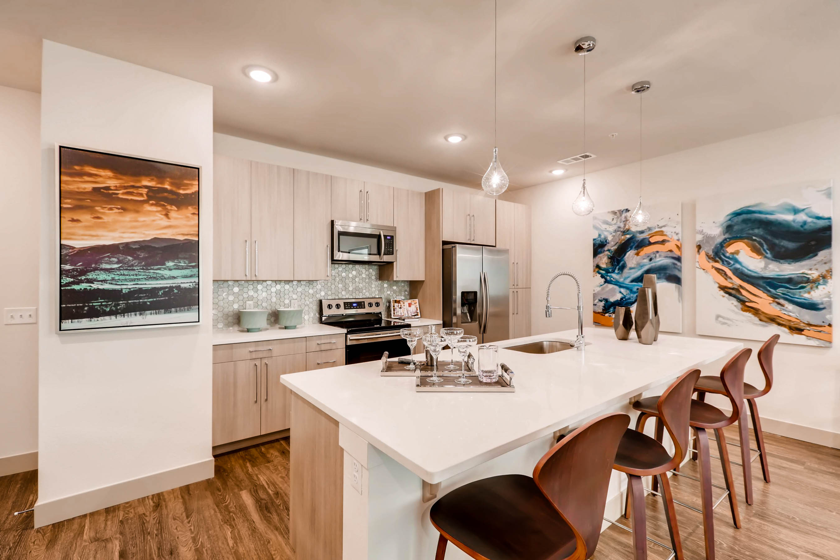 One Bedroom Kitchen with Backsplash, Station A Apartments, Denver CO
