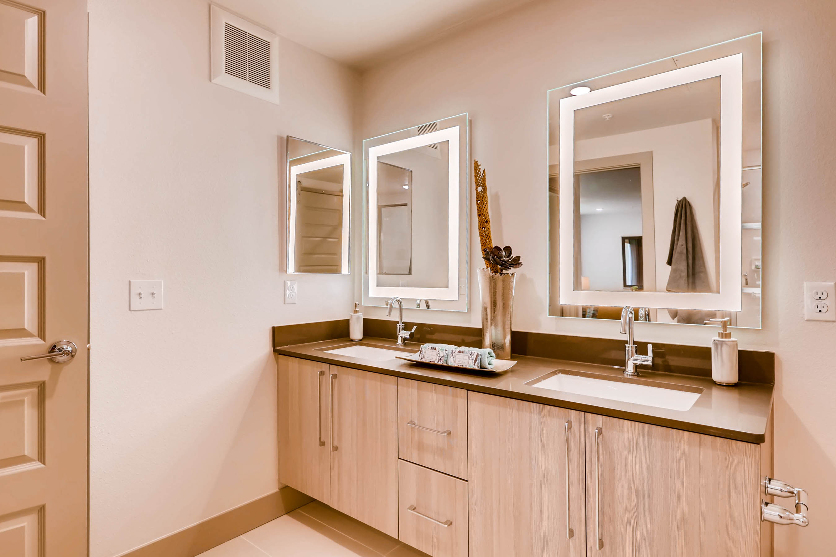 One Bedroom Double Vanity Sink, Station A Apartments, Denver CO